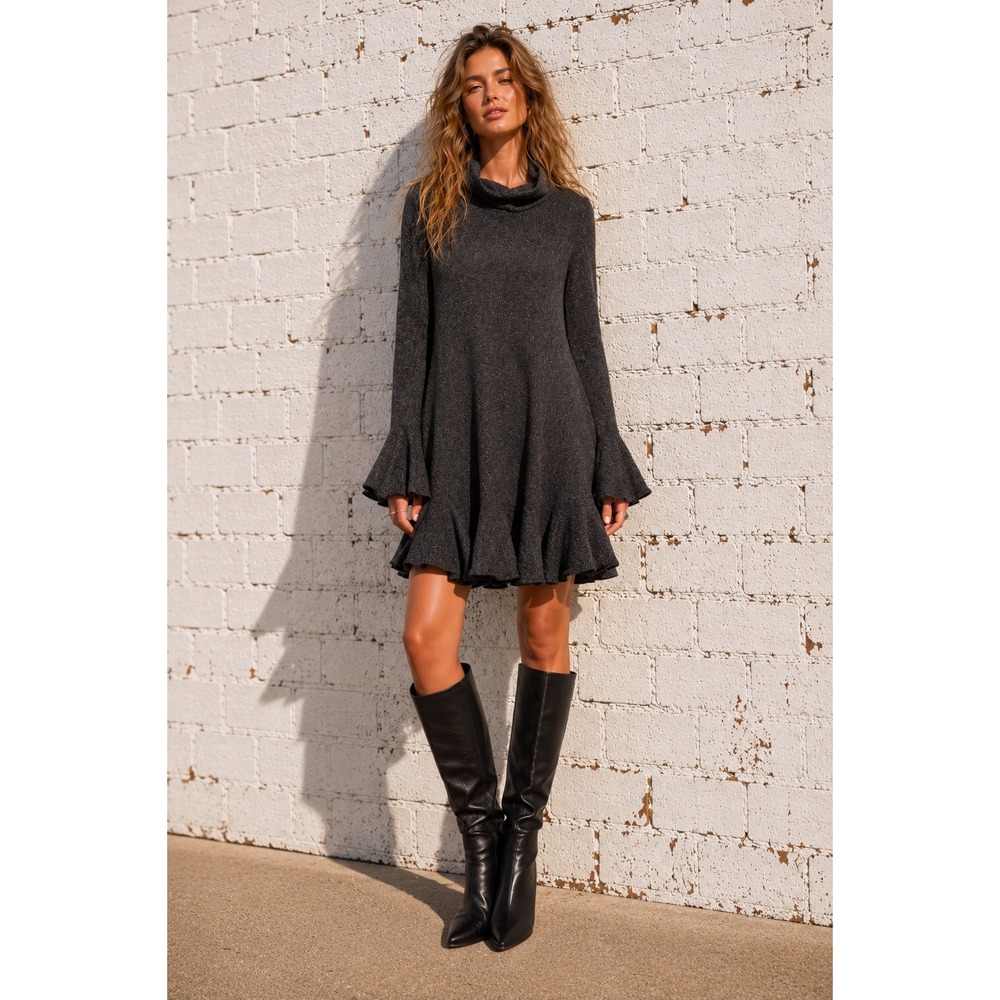 Shilla Charcoal Grey Knit Ruffle Sweater 
Tunic Dress Mock Neck Long Sleeve XL